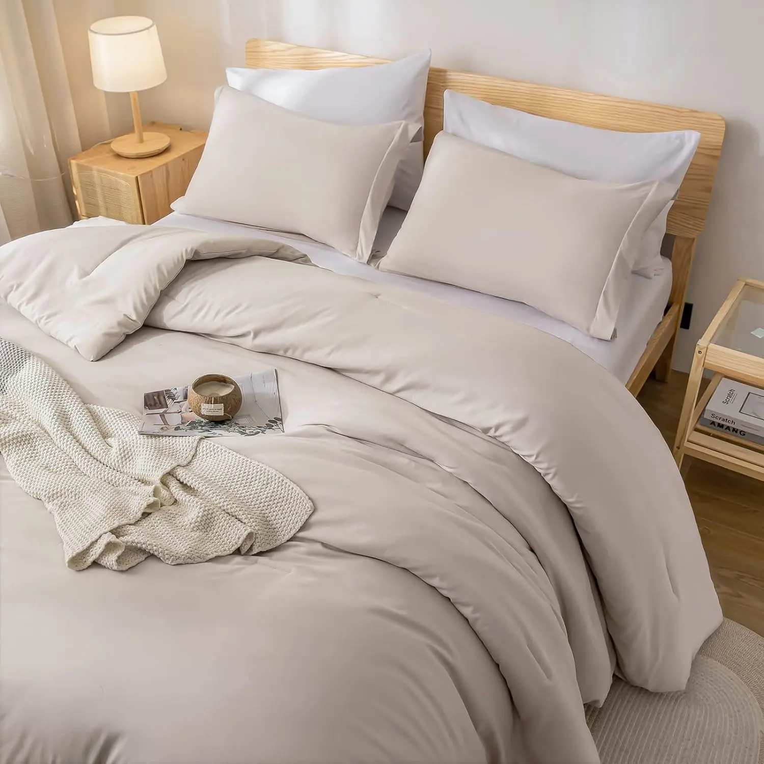 Queen Comforter Set Boho Bed 7PC Oatmeal Comforter Soft All Season Microfiber Comforter with Fitted Sheets, Flat Sheets, Pillow Shams, and Pillowcases