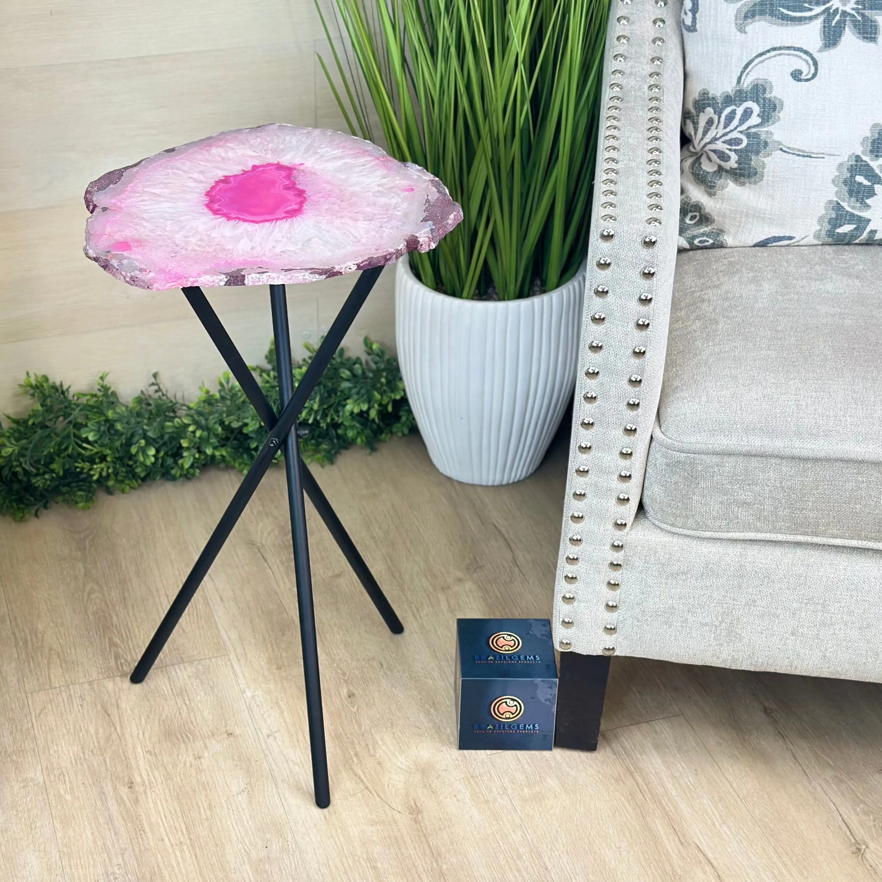 Pink Agate Side Table on Black Metal Base, 24.2" Tall #1342PA-001