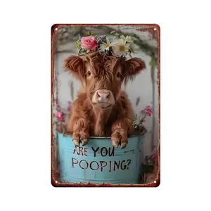 Retro Are You Pooping Highland Cow Metal Sign, Funny Farmhouse Bathroom Wall Decor for Home, Restroom, Bar, Man Cave, Novelty Gift for Highland Cow Lovers