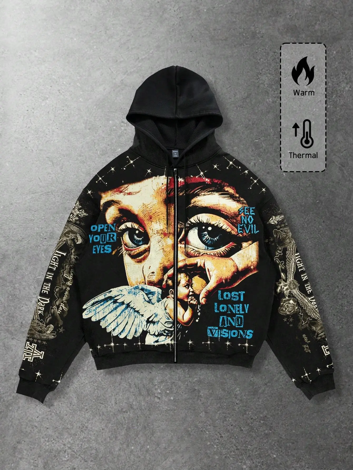 LALUZ Men Street Life Spring Casual Graphic Men's Casual Fashion Streetwear Angel Print Zip-Up Hooded Fleece Sweatshirt, Autumn/Winter, Y2K