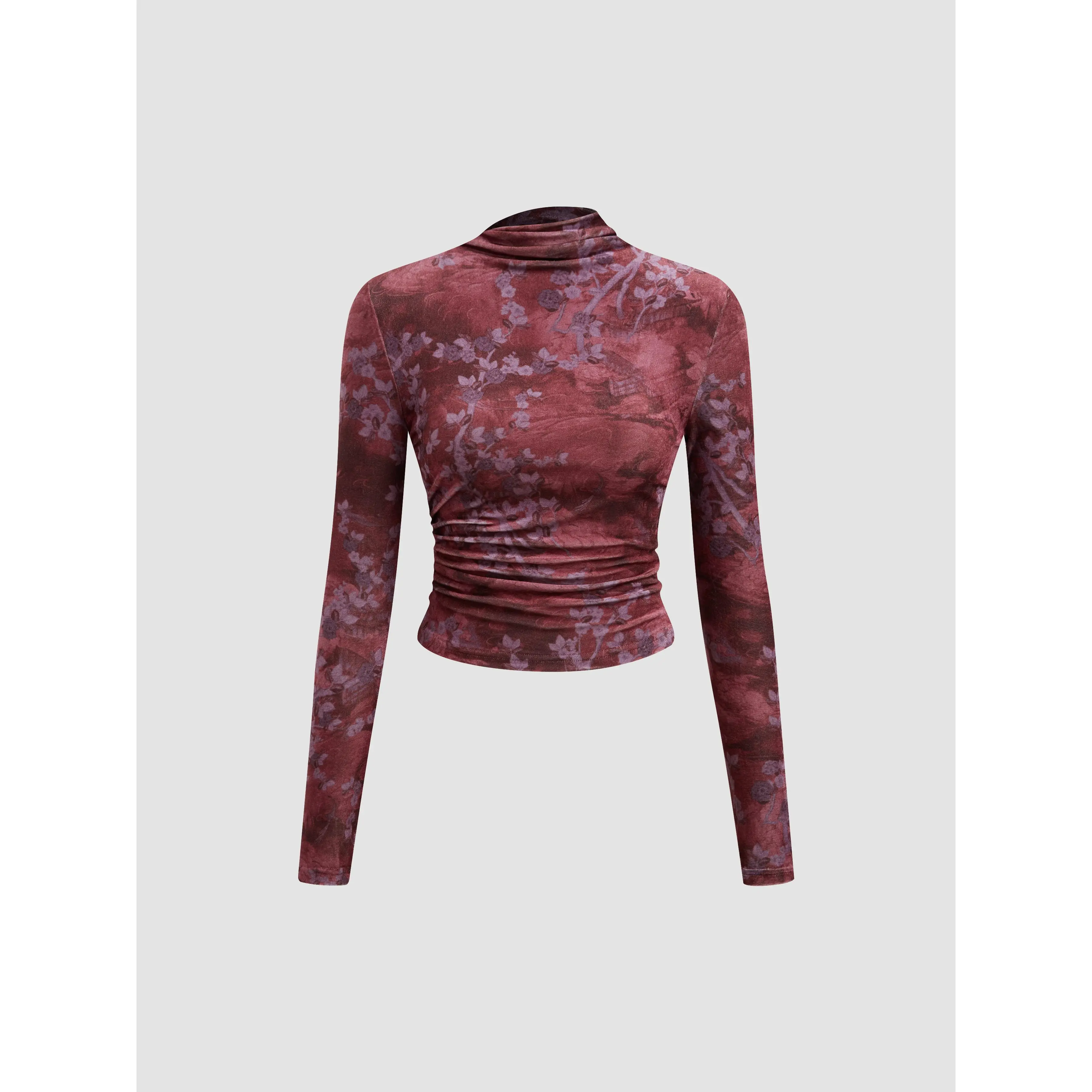 Cider Women's Knit High-Neck Floral Ruched Long-Sleeve Velvet Top Cider Women's Knit High-Neck Floral Ruched Long-Sleeve Velvet Top
