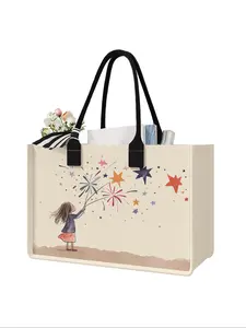 Large Capacity Storage Bag with Fireworks Girl Print, Durable Handles, Space-Saving Multi-Purpose Organizer for School Travel Shopping