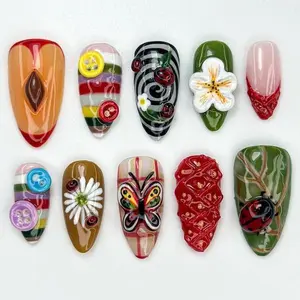 jasonj.nail Artistic Butterfly Garden Press-On Nails, Hand-Painted Abstract Swirls, Daisy, Ladybug & Floral Mix, Glossy Colorful Base, Creative Trendy Nail Art, Custom Handmade Set