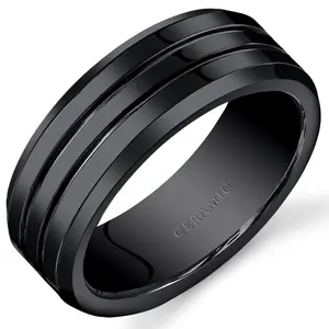 Men's Double Groove Black 8mm Ceramic Band Daily Birthday Anniversary Male