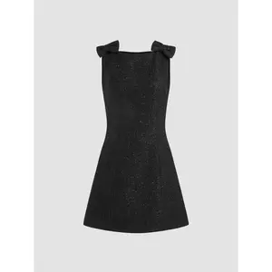 Cider [size 0-10] Tweed Boat Neck Solid Bowknot Mini Dress Dealsforyou