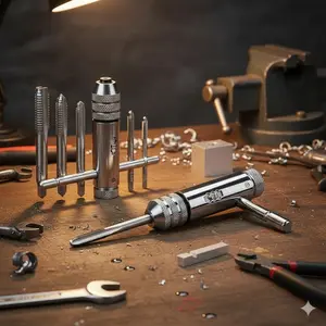 T-Type Adjustable Ratcheting Tap Wrench Set, 6-Piece M3-M8 Metric Tap and Die Tool Kit for Metalworking, Auto Repair, Industrial Manufacturing, DIY with Anti-Slip Handle, High-Strength Thread Cutting, Professional Machining & Mechanical Maintenance.