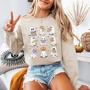 Women's Ghost Reading Sweatshirt, Book Lovers Halloween Crewneck, Pullover Ghost Shirt