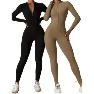 2-Pack High-Stretch Zipper Long-Sleeve Yoga Jumpsuit - Full-Body Fitness and Dance Leotard, Black and Beige, Nylon Blend, Machine Washable, Women's Fitted Design, Cycling Apparel |   Versatile Activewear |   Smooth Texture