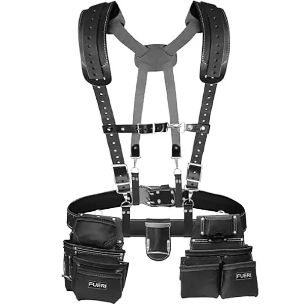 FUERI Men's Heavy Duty Leather Tool Belt Suspenders Set - Multi-Compartment Pockets, Waist-Mounted Clip-On Bag for Carpenters, Durable Adjustable Comfortable Construction Organizer, Tool Pockets, Heavy Duty Tool Bags