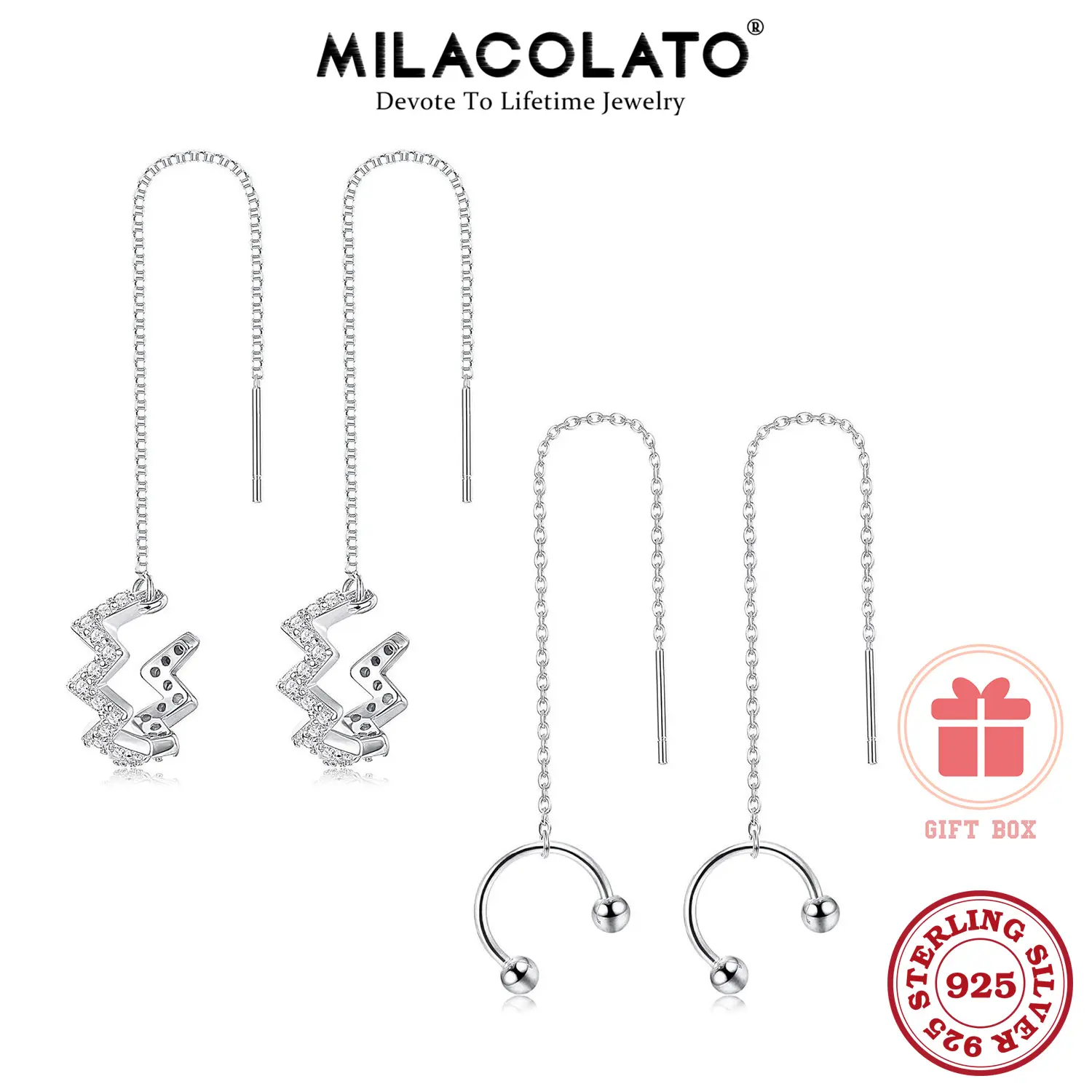 MILACOLATO 2 Pairs 925 Sterling Silver Ear Cuff Earrings for Women CZ Wrap Tassel Chain Earrings Cartilage Crawler Earrings Wave Threader Earrings