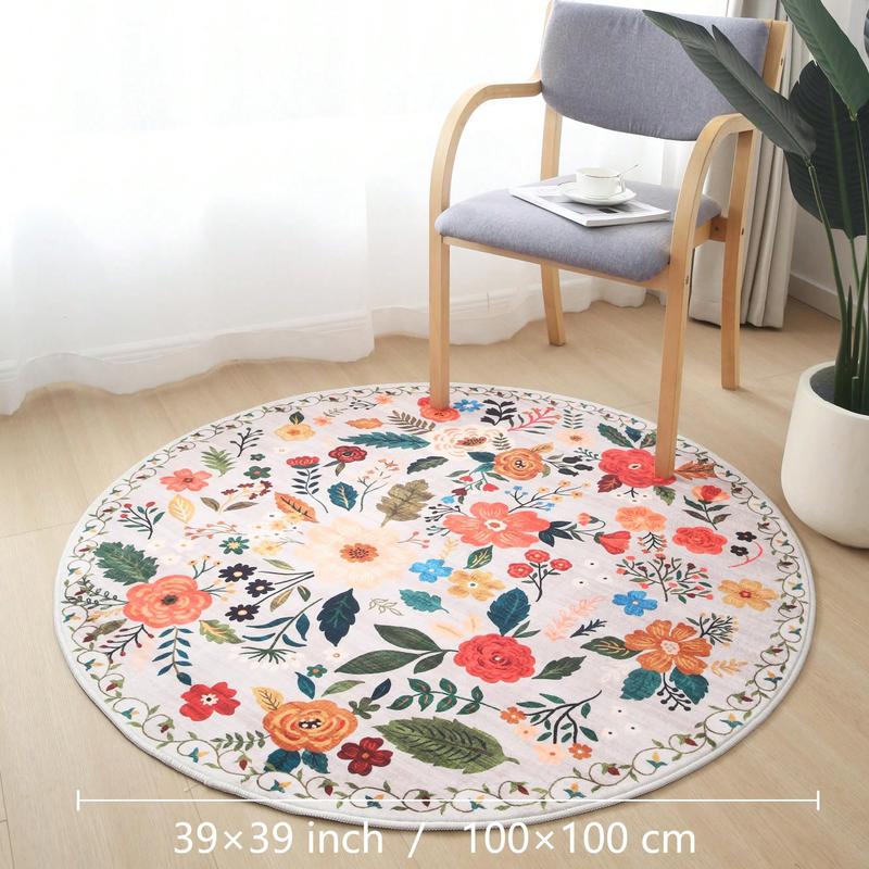 New Round Floral Boho Rug with Pink, Green & White Flowers on Beige - Low Pile Washable Non-Slip Circle Rug for Bedroom, Bathroom or Dorm