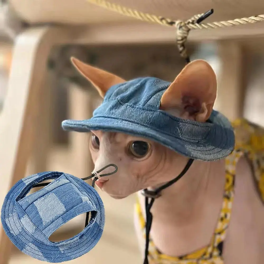 Fleece Fashion Cowboy Denim Dog & Cat Hat - Adjustable Tie Dye Cap with Ear Holes, Sunscreen for Sphynx Puppies, Kittens & Pets for Travel, Hiking