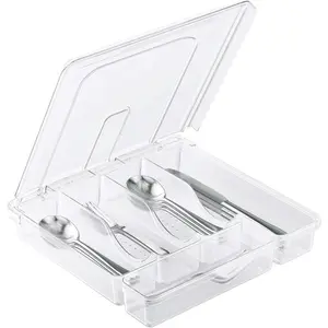 5 Compartments Transparent Plastic Utensil Holder with Lid Flatware Silverware Organizer Tray for Countertop and Drawer