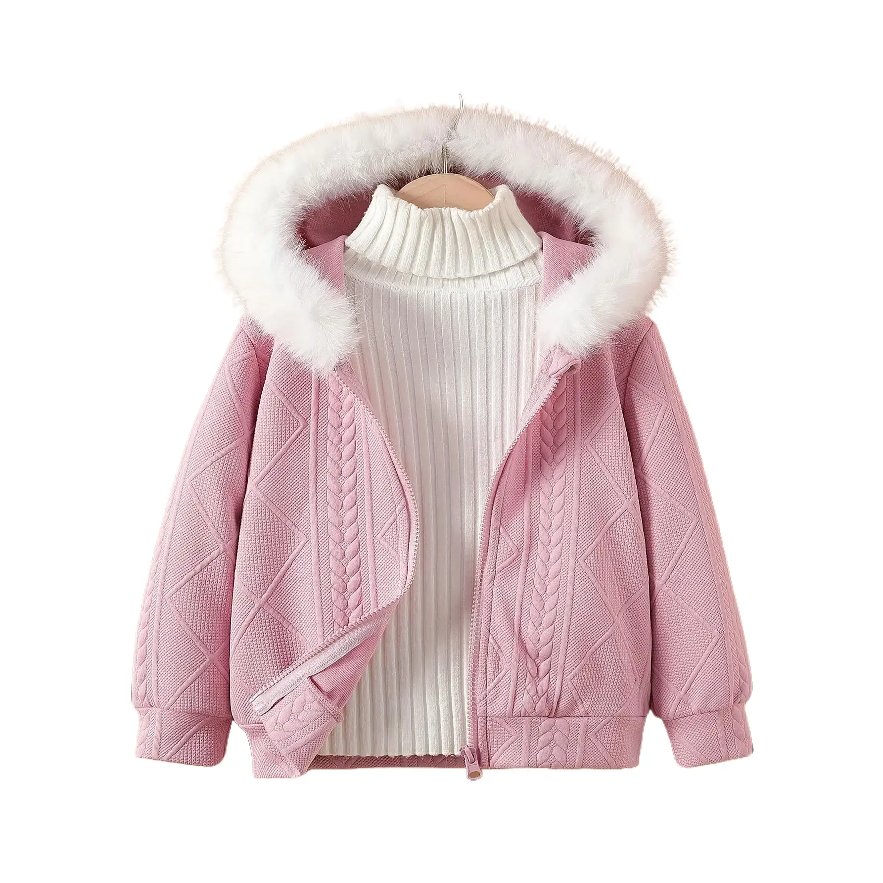 Girls' American Vintage 3D Embossed Design with Fur Collar| Hooded Zip-Up Jacket, Fashionable and Warm for Fall/Winter