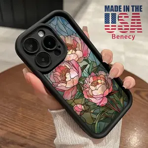 Soft Phone Case for iPhone 16 15 14 Pro Max 13 12 11 XR XS Plus E Peony Stained - Glass Reverie Pattern TPU Bumper Camera Lens Protection Rugged Durable Phone Cover