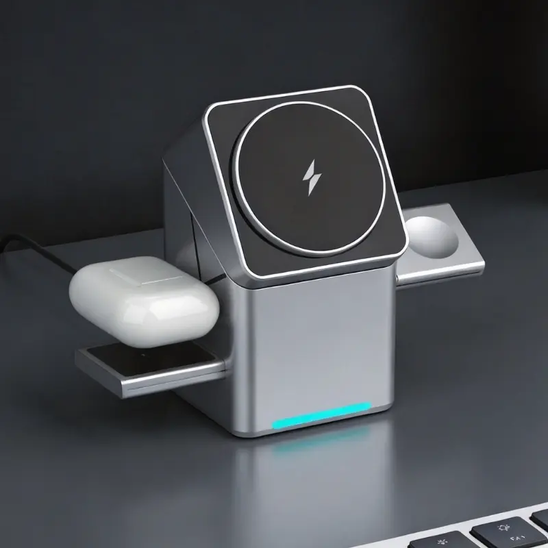 3-in-1 Wireless Charging Station, 15W Fast Charger with Night Light, Portable Travel Stand for iPhone, Apple Watch and AirPods, Accessories, Smartwatch Accessories