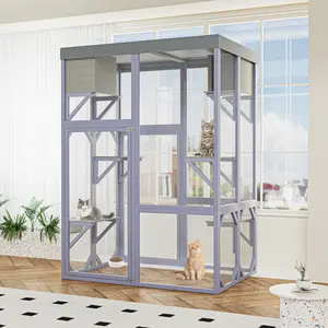Outdoor Wooden Catio, Multi-functional Cat Enclosure with 4 Platforms, 2 Napping Houses, 2 Strong Locks, Rounded Corners, Stepped Design and Galvanized Wire