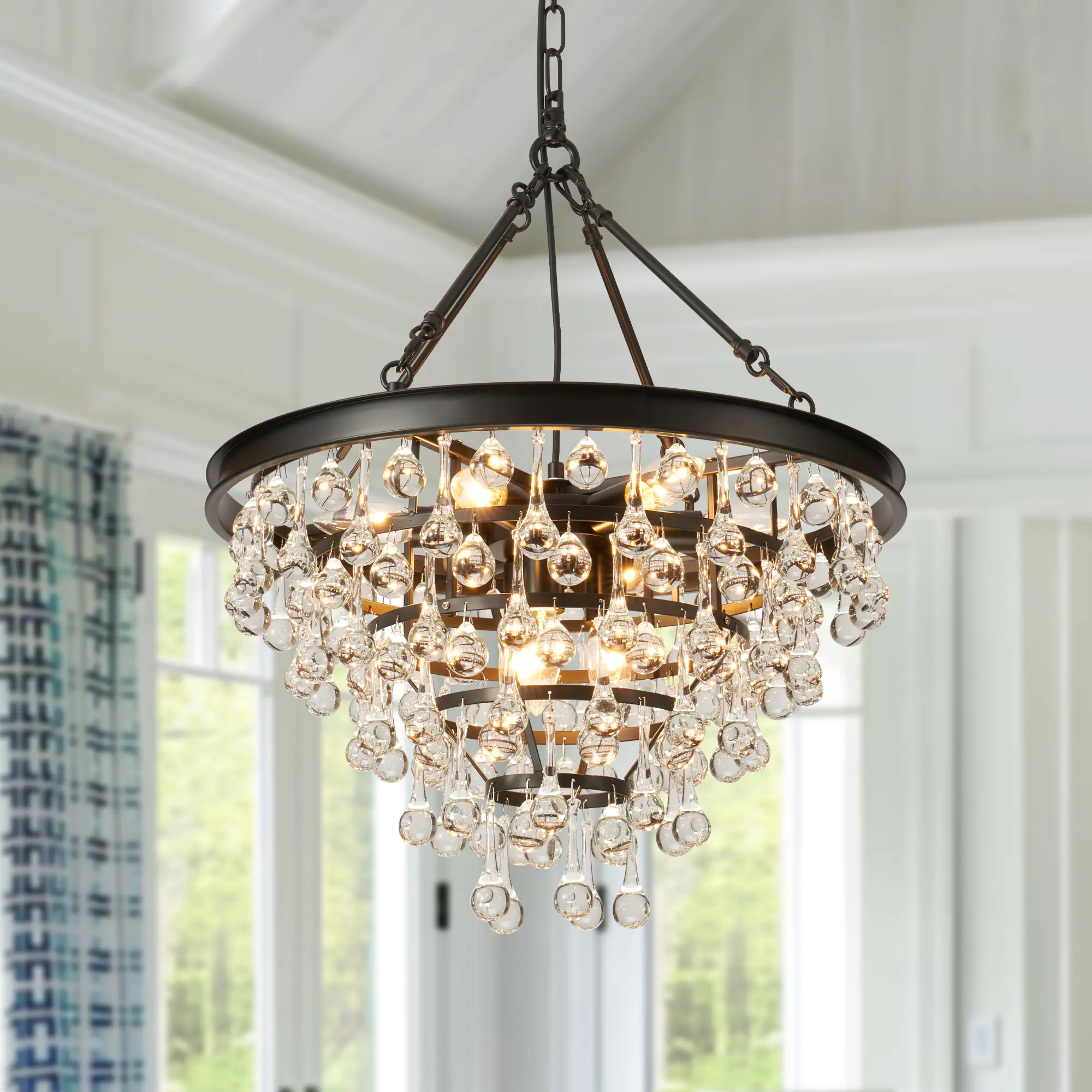 19.5" Minimalist Round Crystal Pendant Light - Adjustable Length, E12 Base, Contemporary, Translucent, Ambient Artistic Cluster Halo Ceiling Light for Adult Indoor Home Improvement Accent Lighting, 8 Layers Of Transparent Crystals