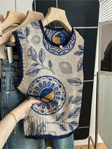 1 piece + Spring/Summer Back-to-School Casual Style Loose Round-neck Ribbed Sleeveless Knitted Dark Blue Embroidered Contrast Color Fruit-Placed Leaf Print Women's Knit Top for Women, to be paired with a vest, can be worn alone