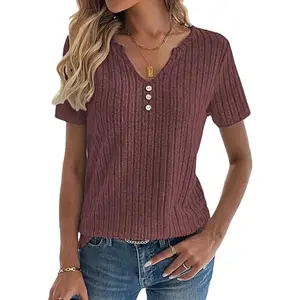 Flamingals Rib Knit Button Front Notched Neck Short Sleeve T-Shirt Womenswear Summer Vibes
