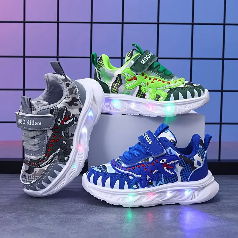 Boys' Dinosaur Trainers with Glowing LED Lights, Camouflage & Solid Patterns, Artificial Leather & EVA Sole, Velcro, Pu, Pu Leather