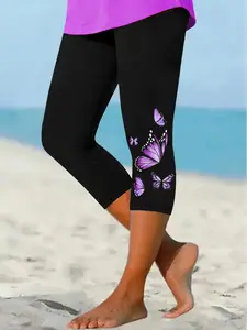 Women's Summer Seven-Quarter Pants, Floral Butterfly Print Tight-Fitting Bottoms, Stylish Casual Wear for Daily