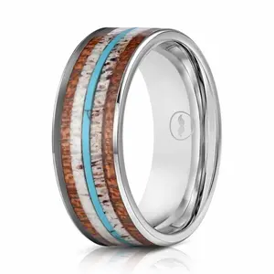 Men's Tungsten Wedding Ring - Inlaid with Deer Antler, Koa Wood, Turquoise - Jade Jewelry Accessory