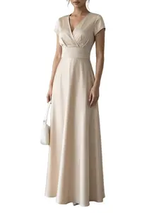 Women's V Neck Long Dress Back Pleated Party Gown, Pure Color Elegant Evening Wear, High-Quality Fashionable Long Sleeve Dress