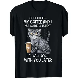 Funny Coffee Cat Print T-Shirt for Men, 100% Cotton Fabric, Crew Neck, Short Sleeve, Regular Fit, Weekend Casual Wear, All-Season Casual Wear, 180Gsm - Ideal for Valentines New Year'S Day Father'S Day Christmas