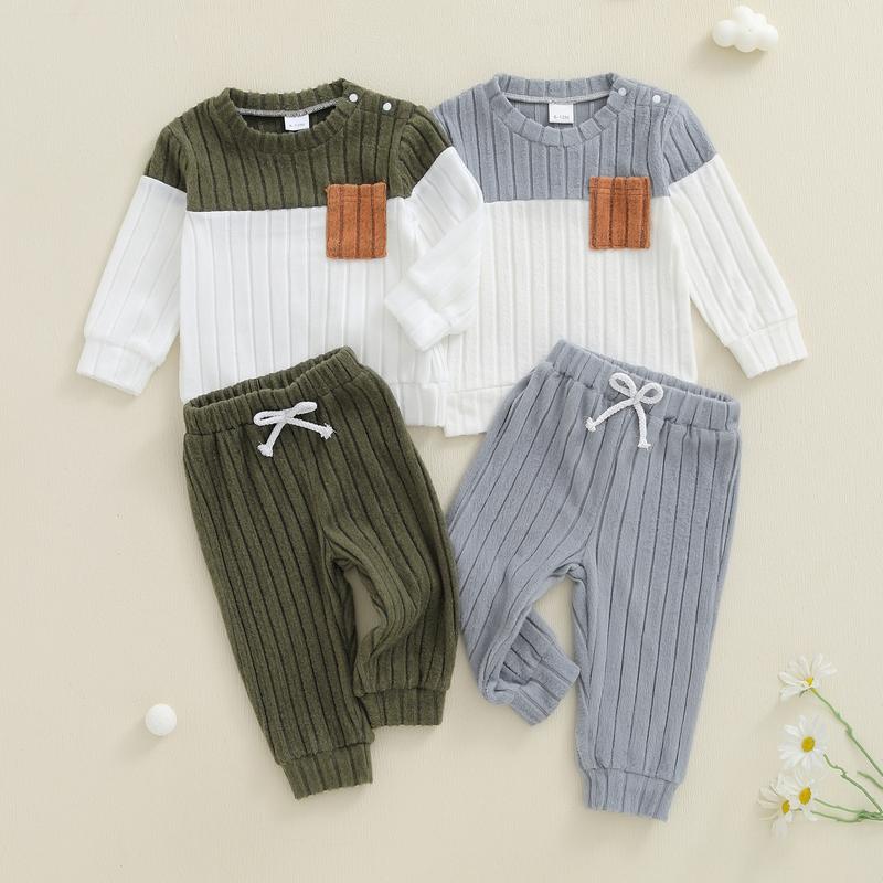 Toddler Baby Boys Clothing Set Fashionable Plush Long Sleeve Pullover with Solid Color Pants 2 Pcs Winter Outfits