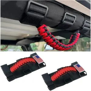 2PCS Red Paracord Roll Bar Grab Handles, Oxford Cloth with Metal Buckle, Strong & Durable, Compatible with Jeep Wrangler JL JLU JT JK JKU TJ LJ YJ