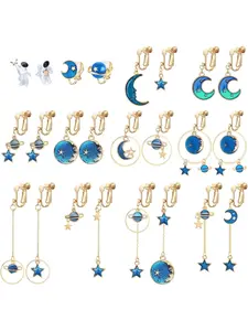 12Pairs Clip On Earrings for Women Girls Star Moon Earring Hypoallergenic Asymmetrical Dangle Earring Non Pierced Ear Clip Set Blue Pink