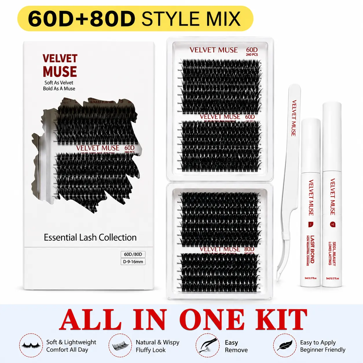 Velvet Muse 60D+80D Cluster Lash Extension Kit with Bond, Seal, Remover & Tweezers