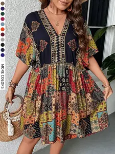 Plus Size Ethnic Printed V Neck Batwing Dress for Curvy Women, Stylish Casual Wear Holiday Perfect for Parties, Loose Fit for Summer Comfort