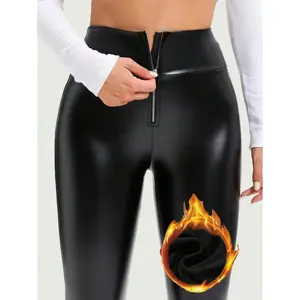 Women's Leather Leggings with Tummy Control and Booty Bump - 3 Lines of Adjustment - Womenswear, Bottom Leather Plus Velvet Slim Stretch Leggings High Waist Zipper Leather Pants Women's Wear Fabric Casual Stretchy Basic Black Minimalist