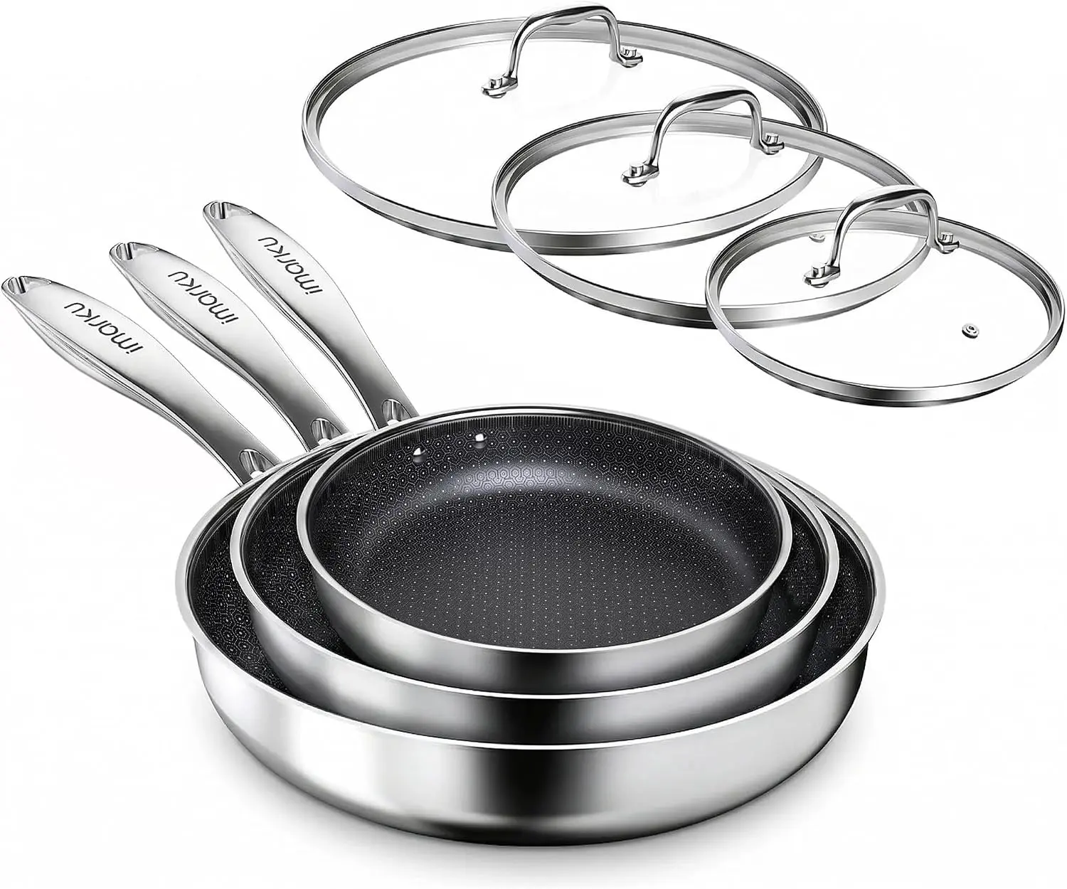 imarku 8, 10 and 12-Inch Non Stick Frying Pans with Lids, Ceramic Coating | 6-Piece Stainless Steel Cookware Set for Home Cooking, Dishwasher Friendly, Oven Safe, Induction Ready, for Men and Women