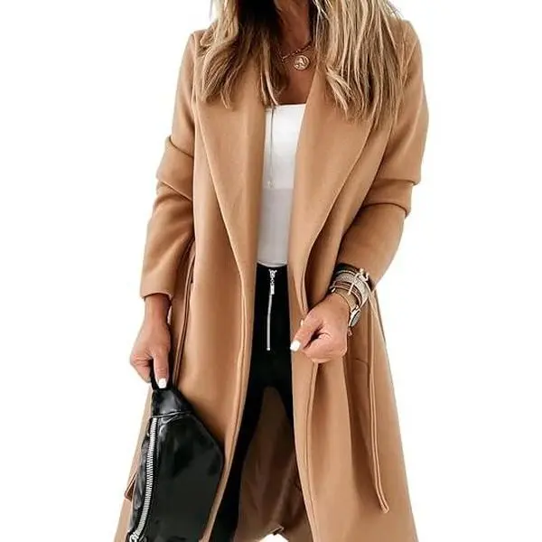 Tankaneo Womens Classic Coat Lapel Collar Open Front Belted Long Jacket Tankaneo Womens Classic Coat Lapel Collar Open Front Belted Long Jacket
