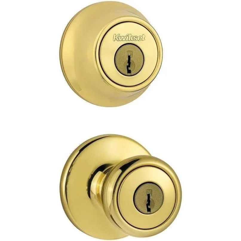 96900-305 Frustration-Free 690 Tylo Keyed Entry Knob & Single Cylinder Deadbolt Combo Door Locks (1-Pack), Polished Brass, ANSI/BHMA Grade 3 Certified, Universal Handing with Cylinders, Latches & Bolts