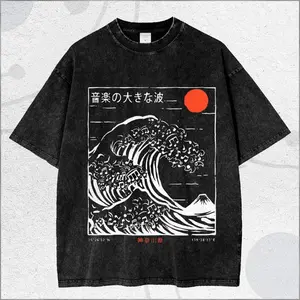 Vintage Washed Music Wave T Shirt, Japanese Wave Art Tee, Minimal Line Art Unisex Shirt