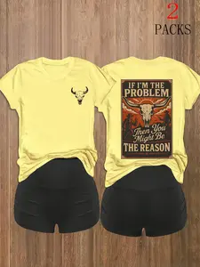 Y2K Campus Sweet Cool Style 2-Piece Set Womenswear Vintage Cow Head Short Sleeve T-Shirt, Back Print Oversized Fit, Fall Winter Casual Outfit Clothes