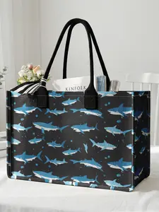 1 piece of shark pattern 2D printed large capacity storage bag, extra large storage bag, sturdy handle, space-saving multi-purpose, suitable for going to school, traveling, shopping