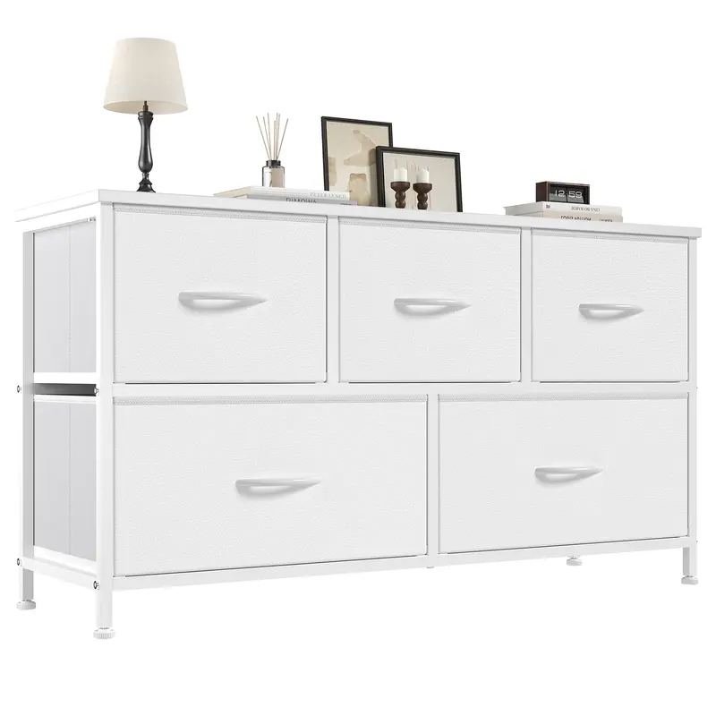 Sweetcrispy 5-Drawer Sturdy Chest of Drawers - Modern Credenza Cabinet with Fabric Bins, Wood Top, Closet Storage, Bedroom Storage, Apartment Stuff, Small Space Furniture Organizer