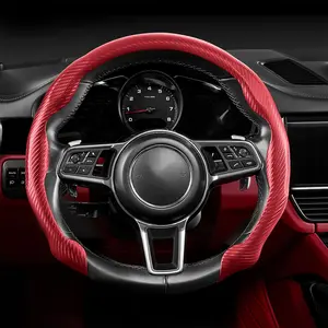 Car Steering Wheel Cover  14 1/2"-15" Outer Diameter Leather with Carbon Fiber Pattern,Universal for Toyota Tacoma Highlander Rav4 Corolla Camry,Standard Size - Red Carbon