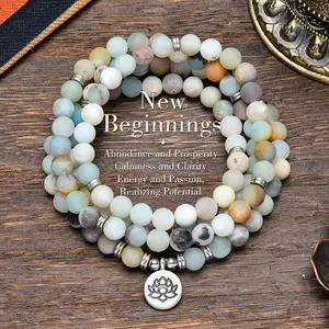 8mm Amazonite 108 Mala  Long Beaded Wrap Bracelets Genuine Gemstone Mala Prayer Beads Lotus Buddha Charm Yoga Beads Necklace Meditation Ideal Gift Jewelry for Men and Women Elegant with Lotus Pendant Ramadan.Long Chain Sweater chain New Beginning
