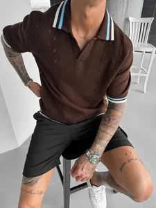 Men's Old Money Style Knitted Pullover Sweater, Spring Summer Business Casual V-Neck Polo Neck Short Sleeve
