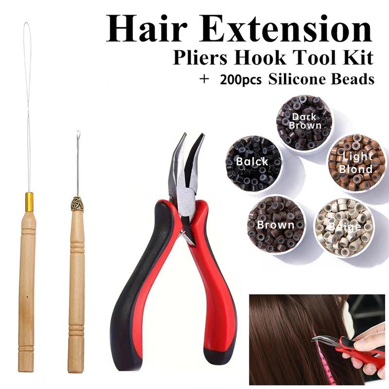 Hair Extension Tool Kit, 200pcs Micro Ring Beads & 1 Count Micro Pulling Needle & 1 Count Loop Threader & 1 Count Pliers, Professional Hair Styling Tools Accessory