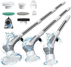 Electric Spin Scrubber with 6 Replaceable Brush Heads, IP68 Waterproof and Adjustable Extension Handle for Bathroom and Kitchen Cleaning