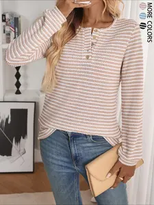 Women's Casual Striped Texture Fabric Long Sleeve Button Round Neck T-Shirt, Fall& Winter Fashion, Christmas T-Shirt