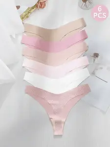 6PCS Valentine's Day Sexy Polka Dot Plain Women's Seamless Low-Waist Thongs Panties Womenswear, Fitted Drop Waist Underwear for All Seasons