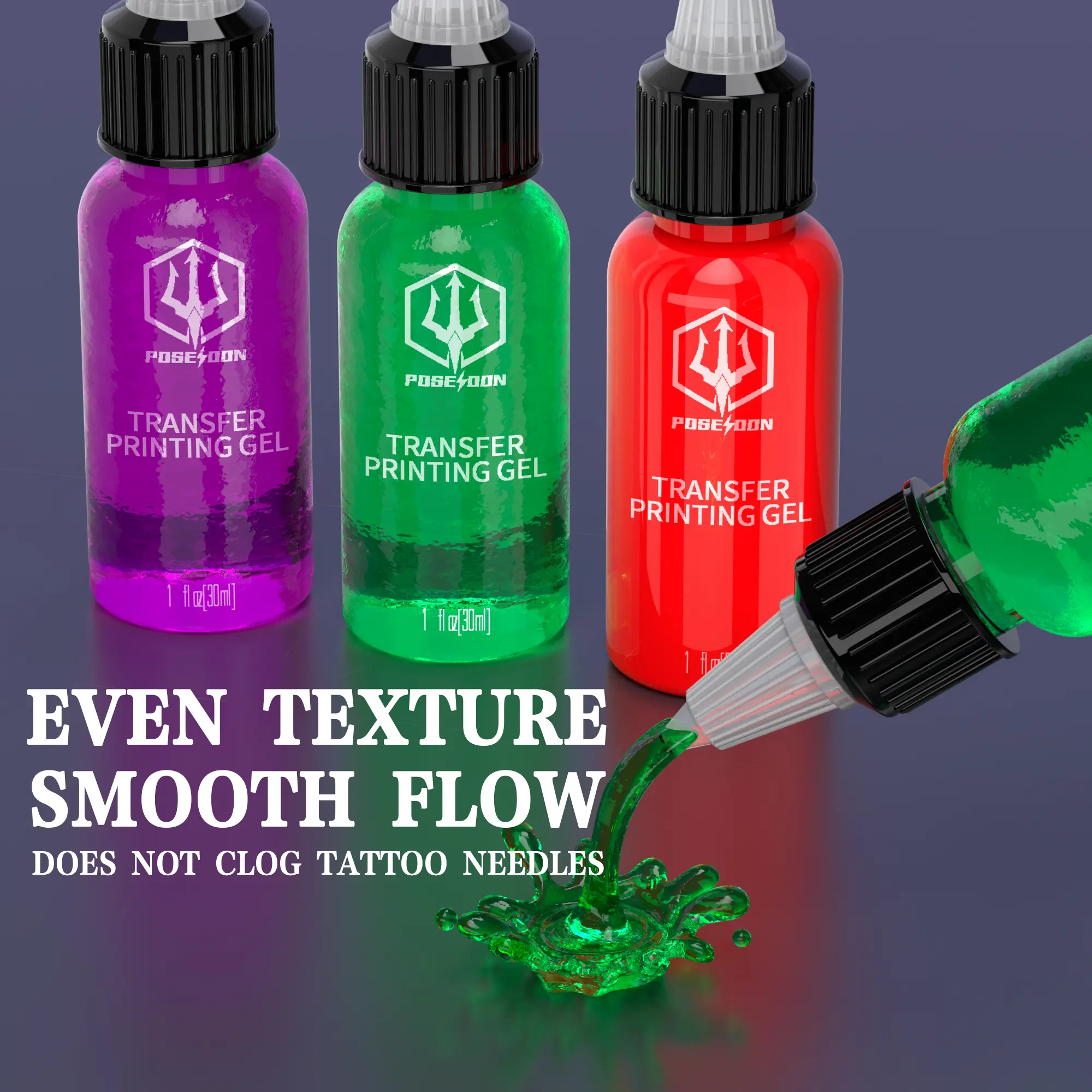 POSEIDON Tattoo Stencil Gel 1oz (30ml), Scented Tattoo Transfer Gel for Printed Stencils, Long-Lasting Stencil Solution That Won't Wash Off, 3 Fruit Scents – Watermelon, Grape & Green Apple